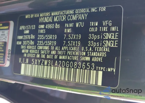 2013 Hyundai Santa Fe Sport 2.0T из США, поврежденный, VIN 5XYZW3LA2DG083653